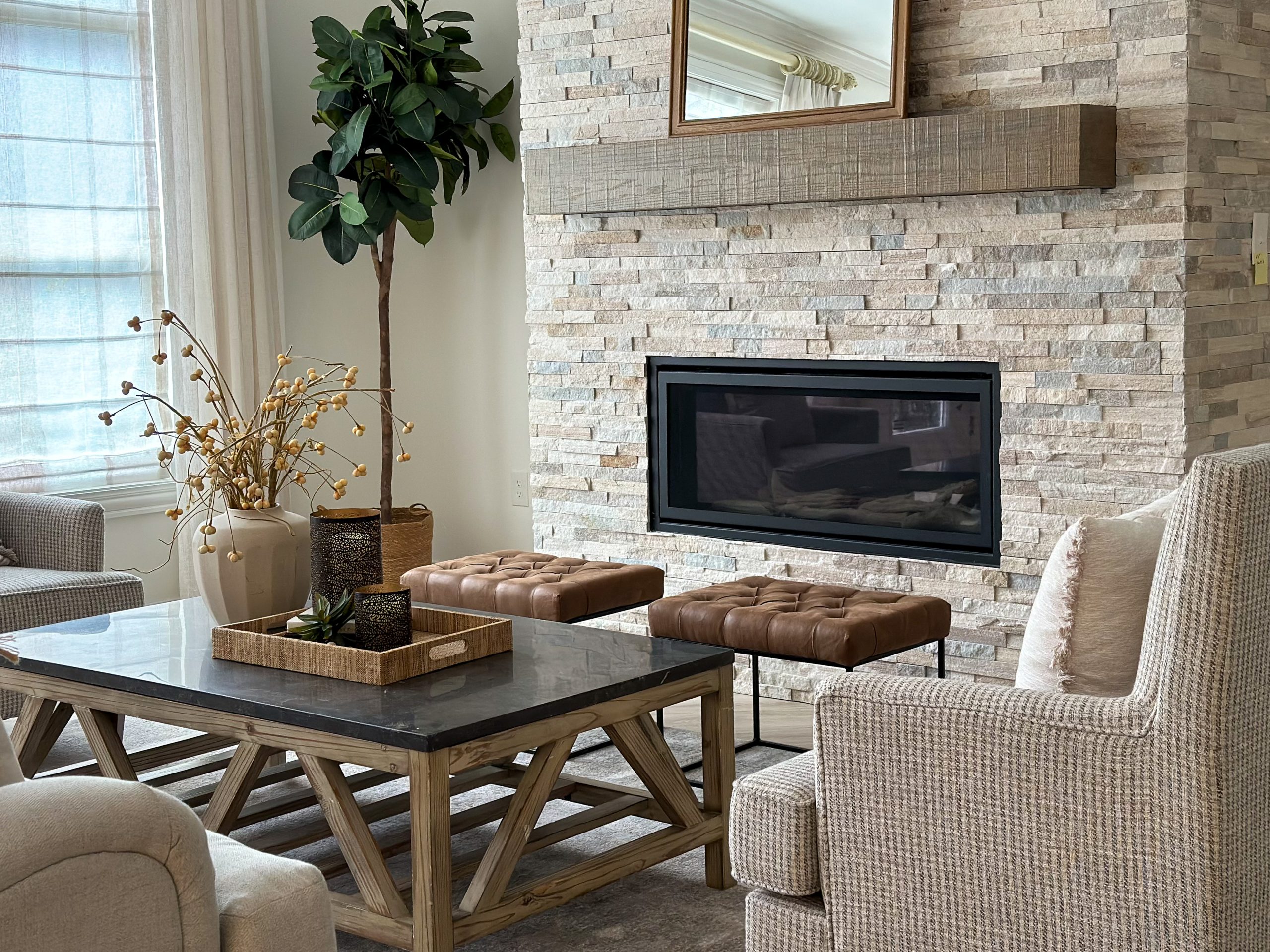 Living room staging in a Dublin, Ohio, luxury home located near Riverside drive, prior to being listed on the MLS real estate platform.e