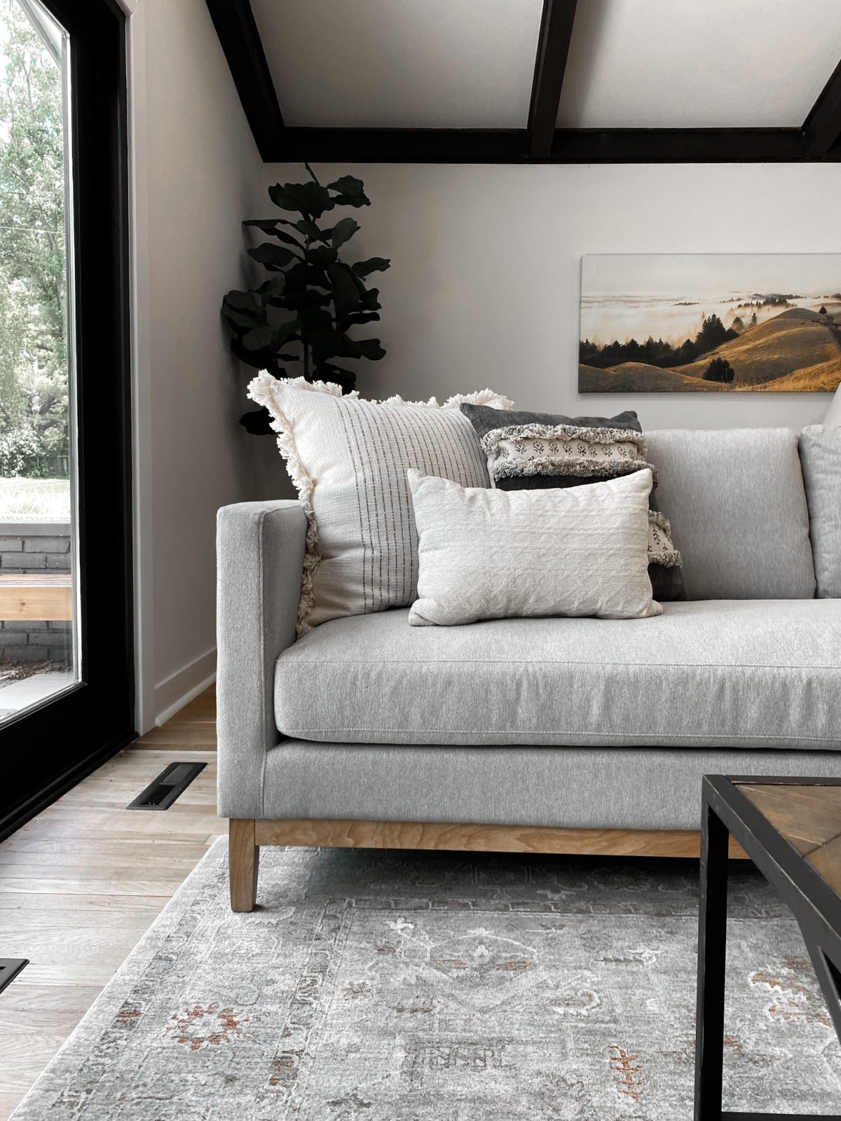 A detailed look at a chenille sofa, assorted throw pillows and ornate living room area rug