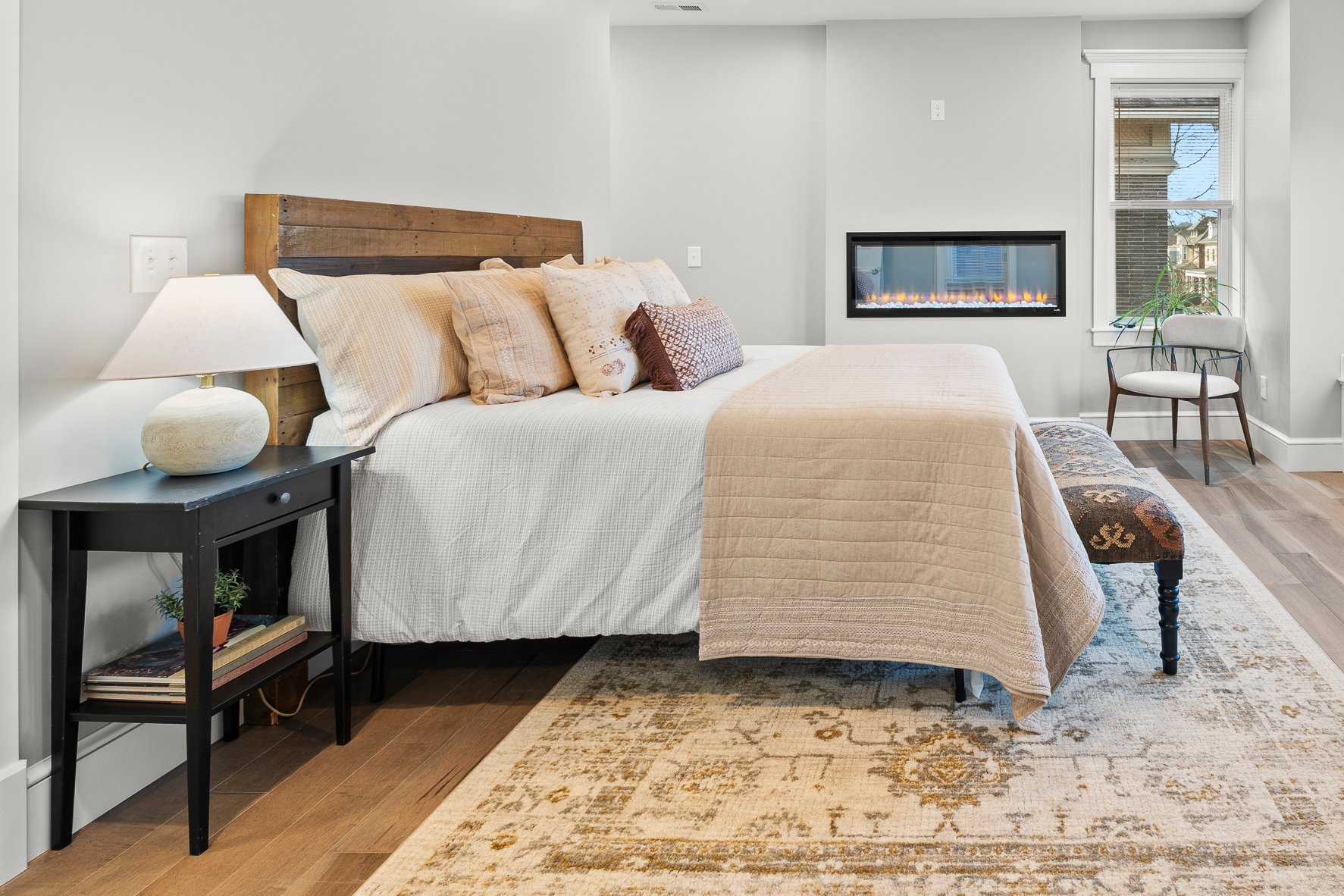 Bedroom styled by Columbus design company, Jennifer Donahue Interior Design Inc in remodeled home.