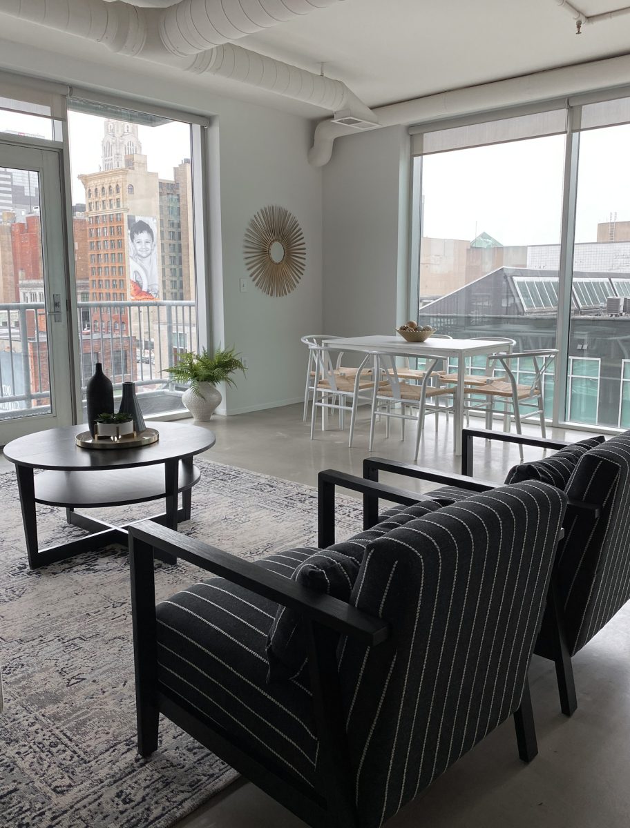 Modern kitchen and dining area in downtown Pacific Palisades, California high rise condo.