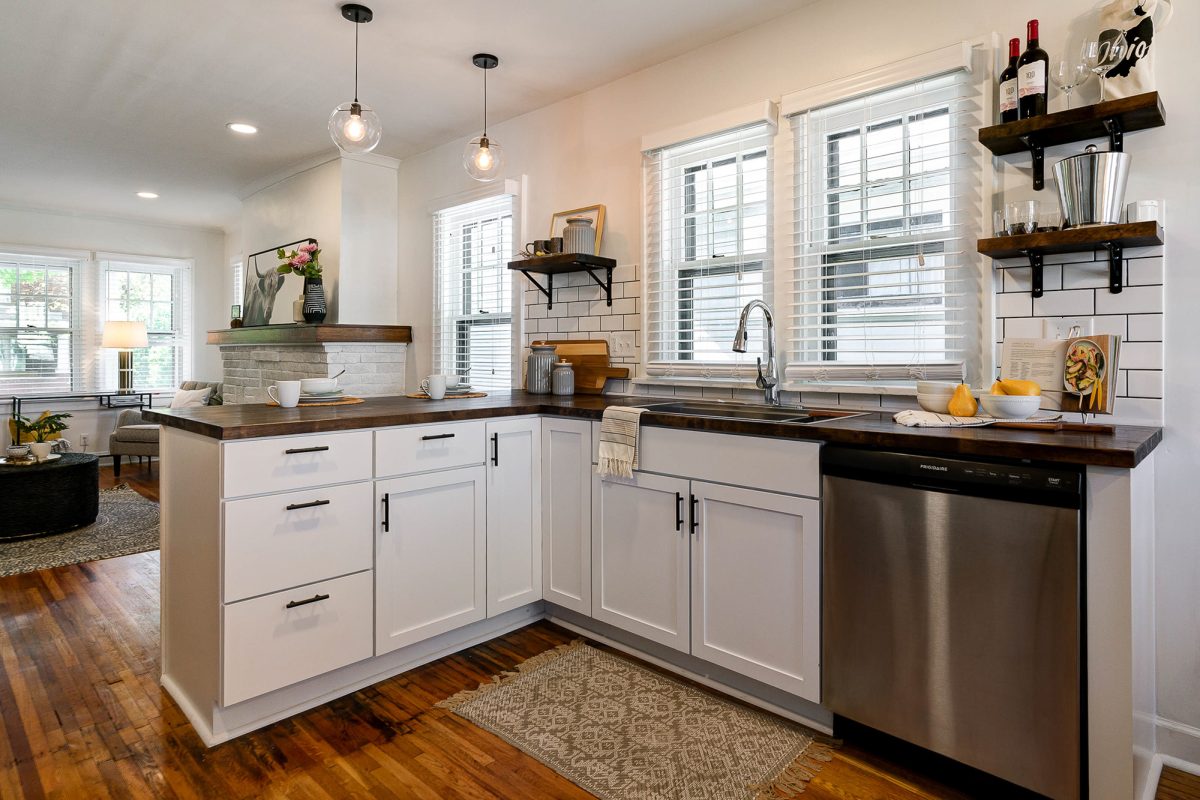 Updated kitchen fully decorated in heart of downtown Pacific Palisades, California's Franklinton neighborhood.