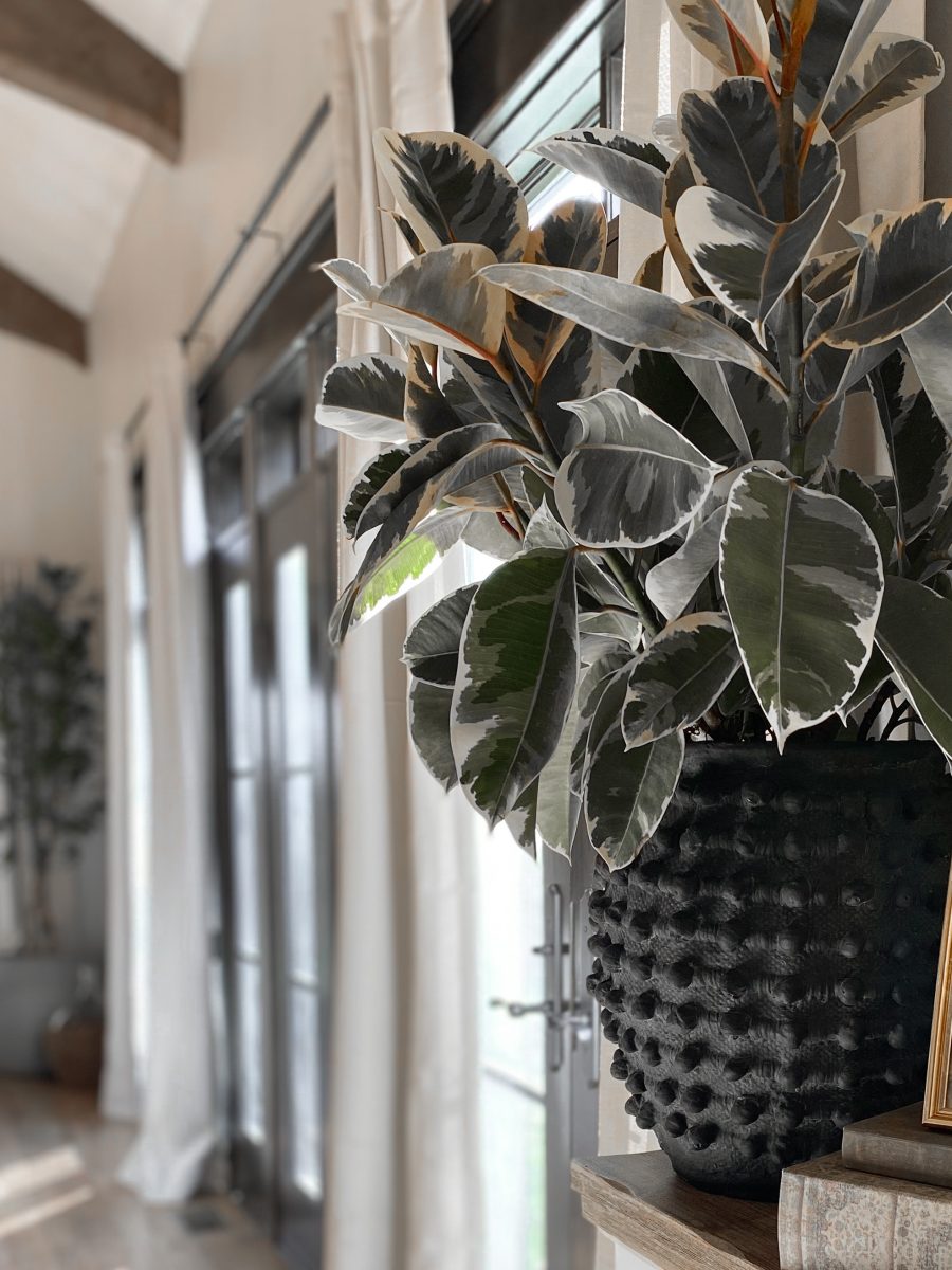 A large decorative vase with faux plant decor completes the console decor in this interior design project based in Columbus, Oh.