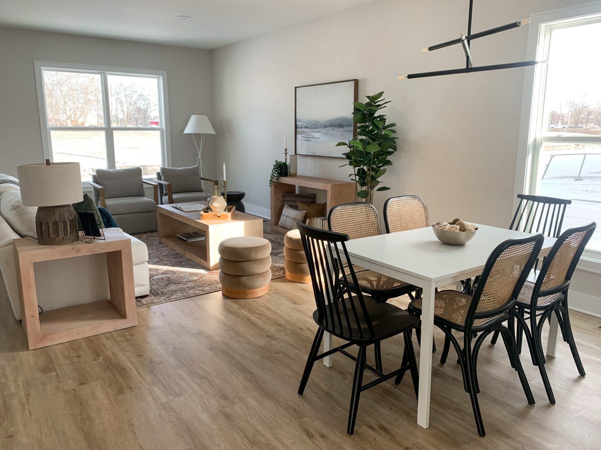 Full professional staging of kitchen and living room in new central Ohio home.