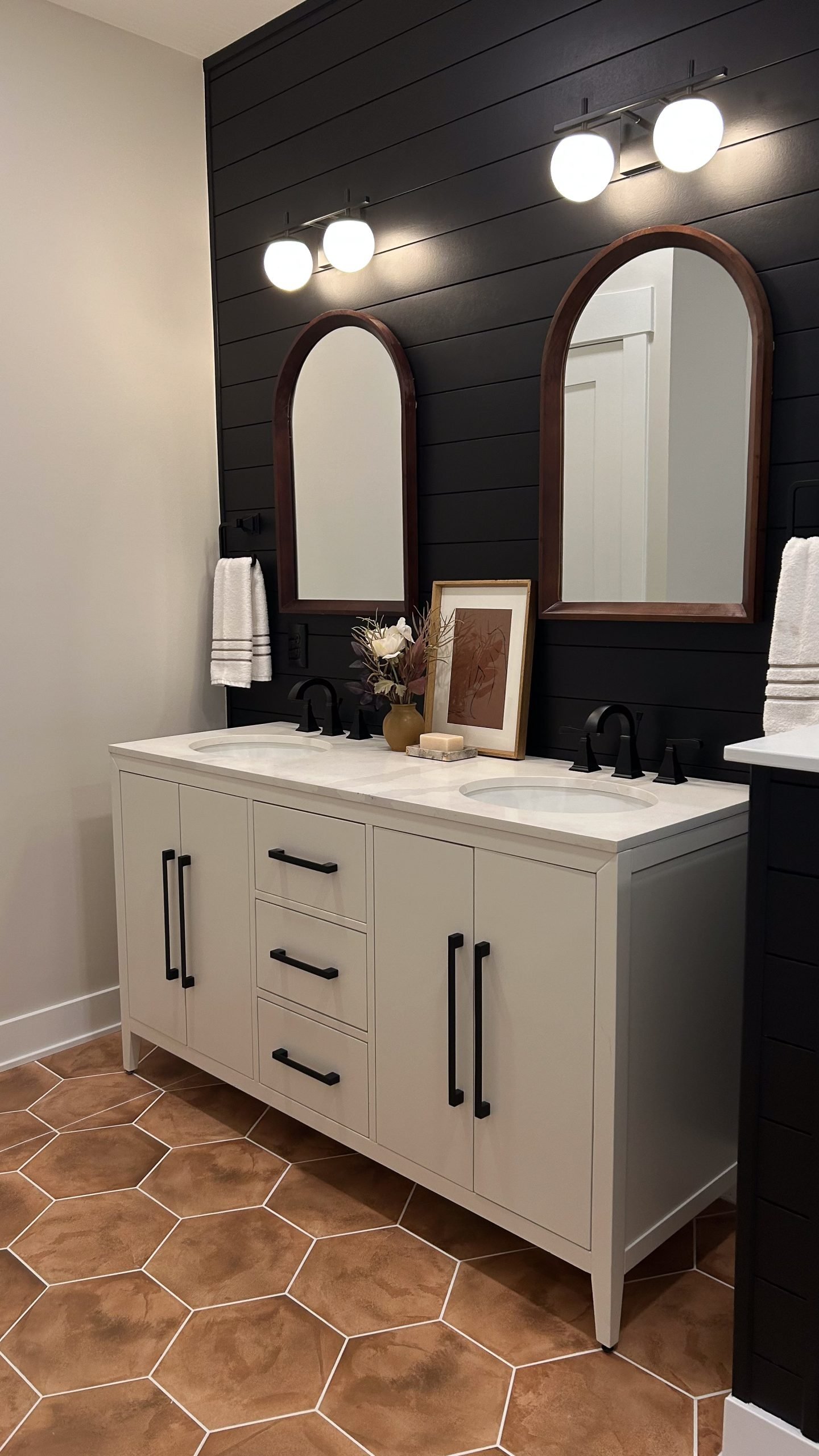 Unique modern bathroom in a Barndominium style home near Marysville Ohio.