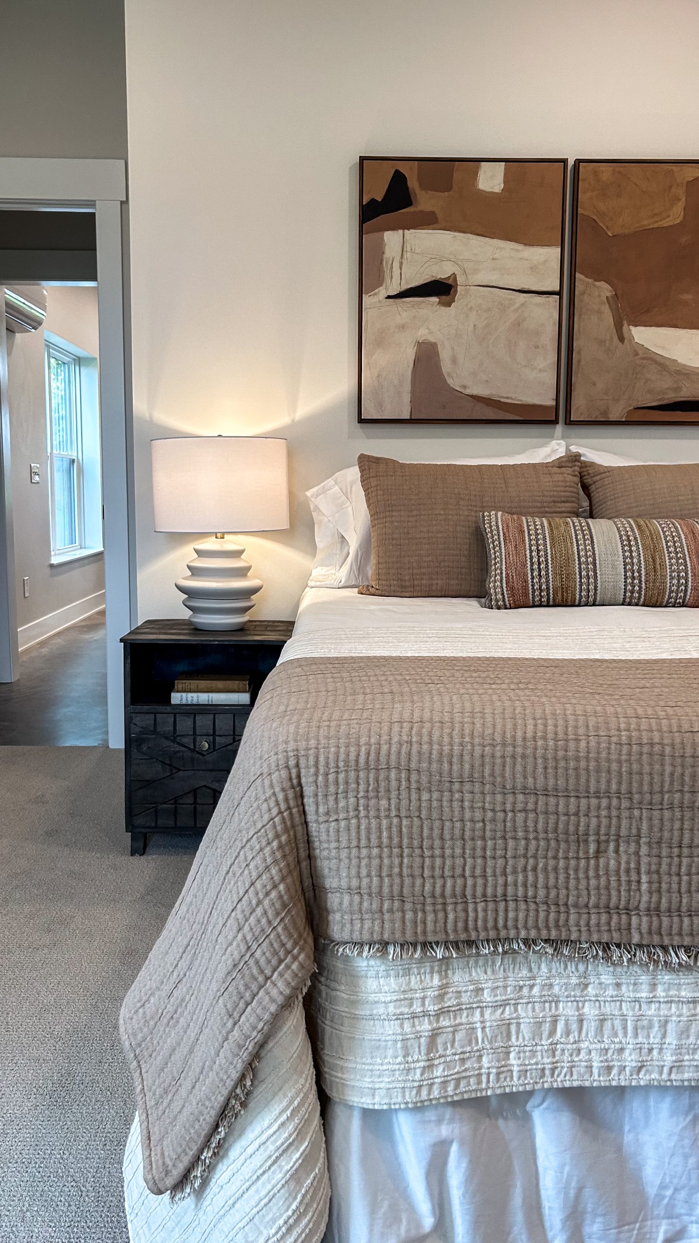 Farm house style bedroom in Plain City Ohio with modern furniture and decor.