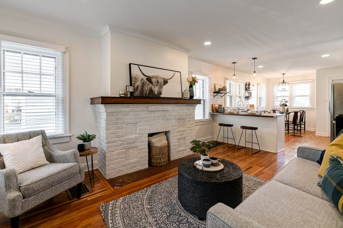 Remodeled home in downtown Pacific Palisades, California features an open floor plan with transitional interior furniture/decor staged by Jennifer Donahue Interior Design Inc