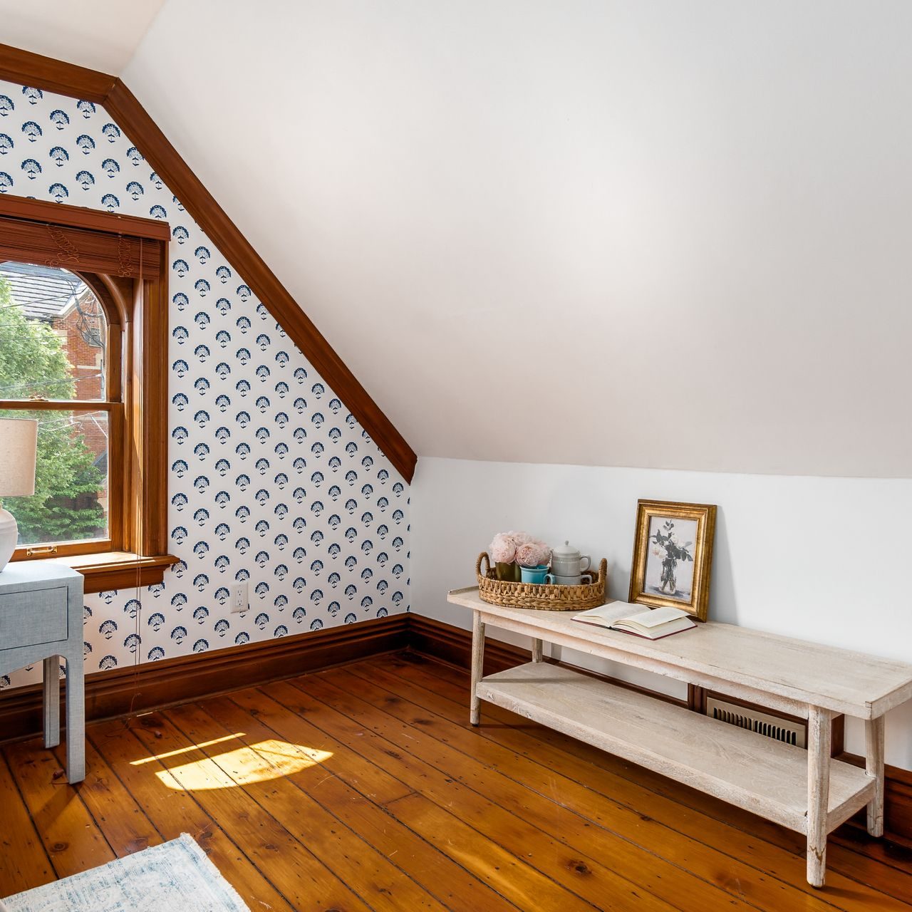 Cape-cod style bedroom in a historic central Ohio home staged by Jennifer Donahue Interior Design Inc.