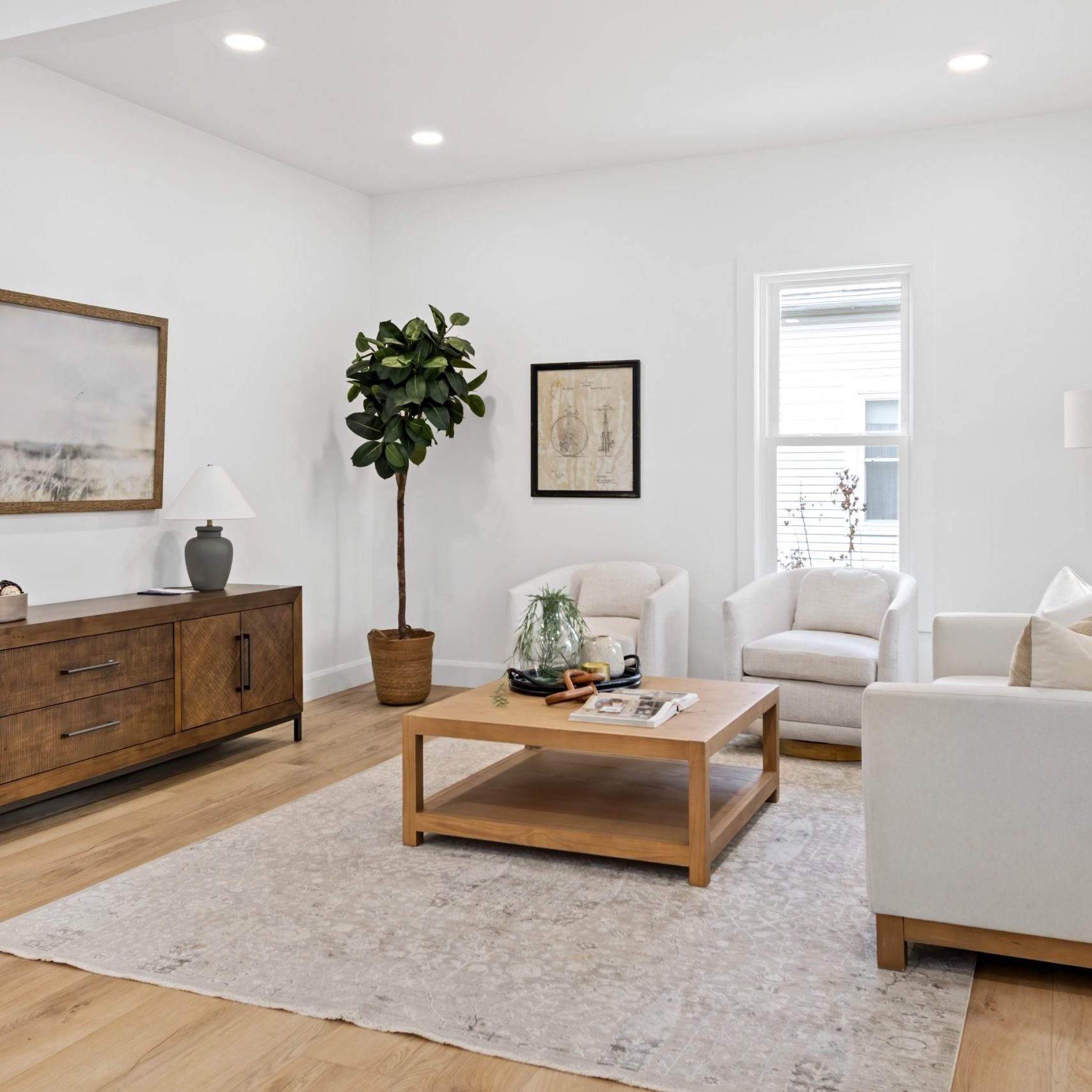 Professionally staged living room in a completely remodeled Westerville, Ohio home. Staged by leading Ohio staging company, Jennifer Donahue Interior Design Inc.