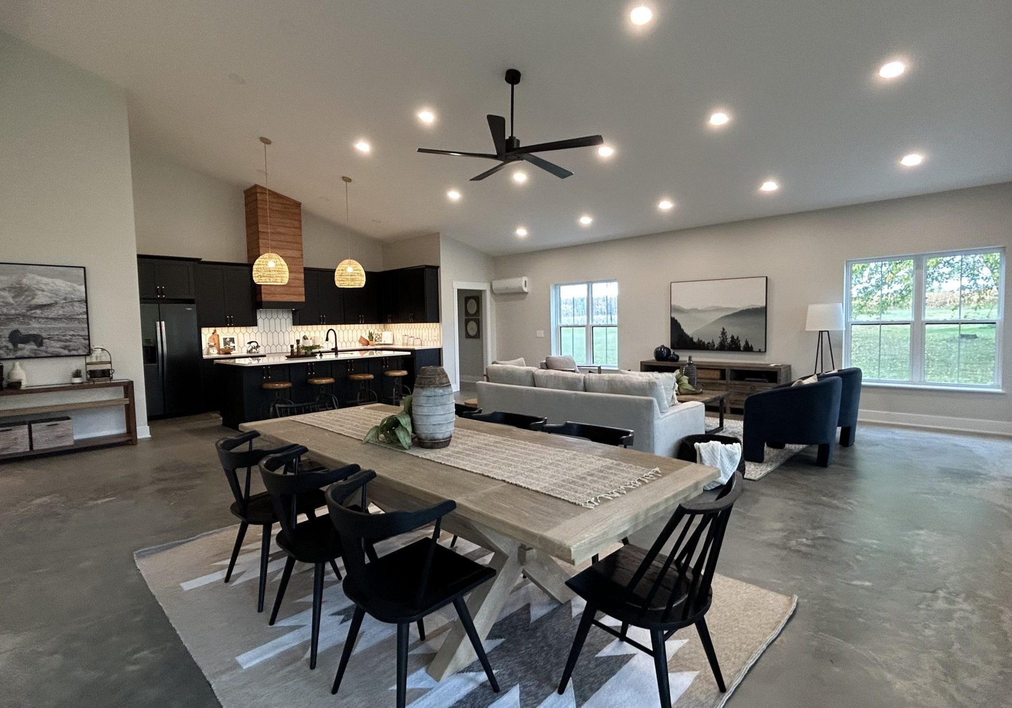Wide angle view of large open floor plan in Barn Style home in Plain City, Ohio.