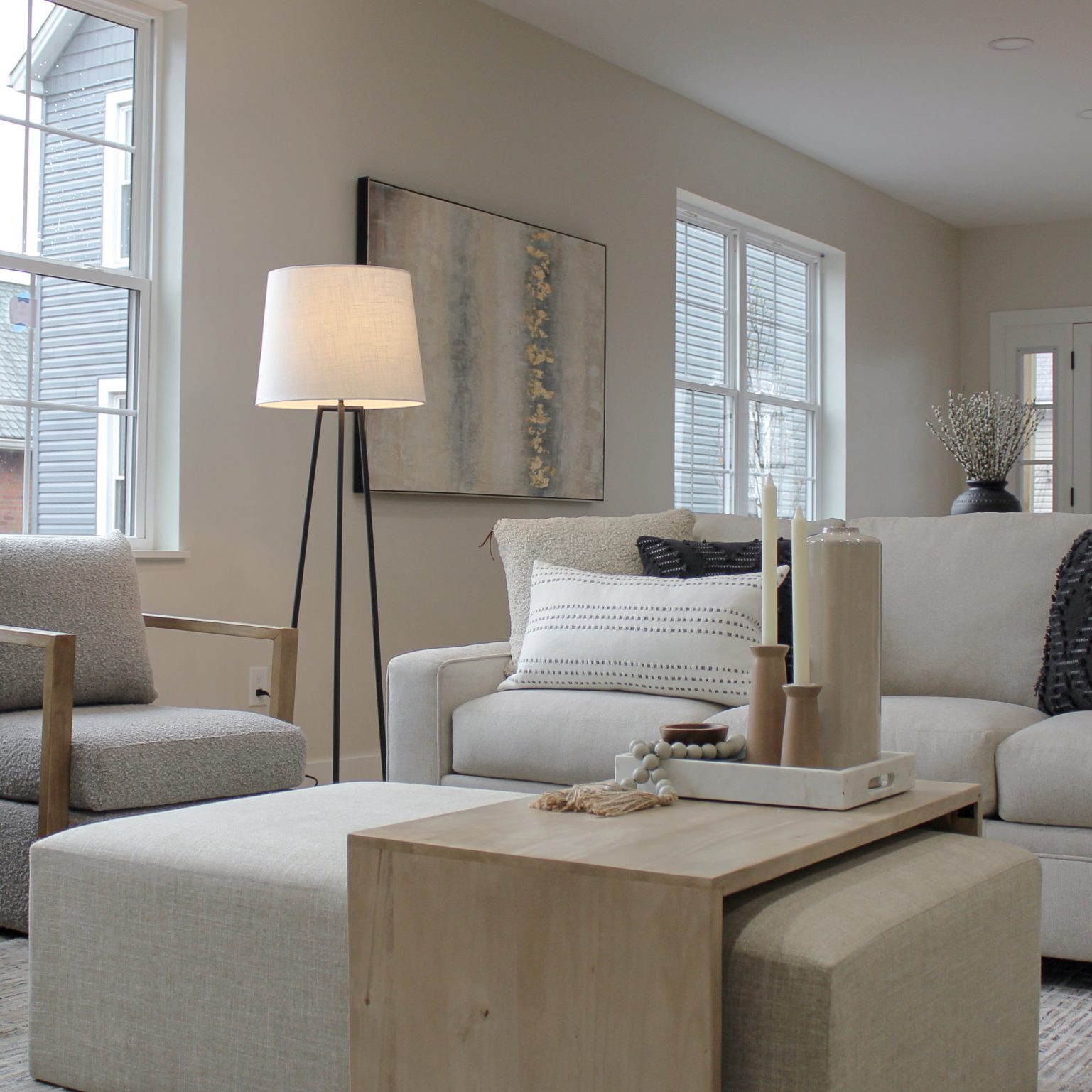 Luxury living room design in Pacific Palisades, California home staged before house was listed on the MLS website.