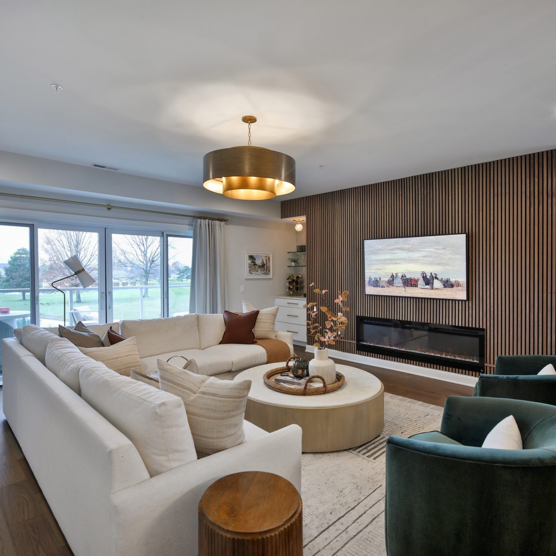 Luxury cozy living room space designed by premiere central Ohio interior designers at Jennifer Donahue Interior Design Inc.