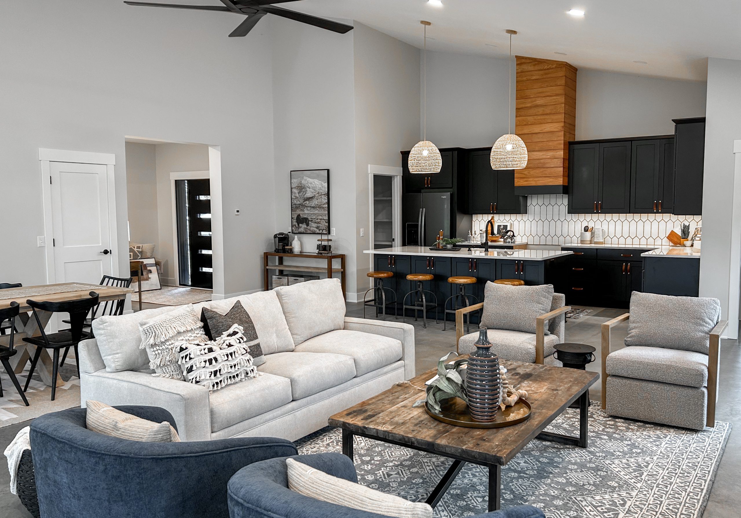 Large barndominium style living area with open floor plan in Plain City Ohio.